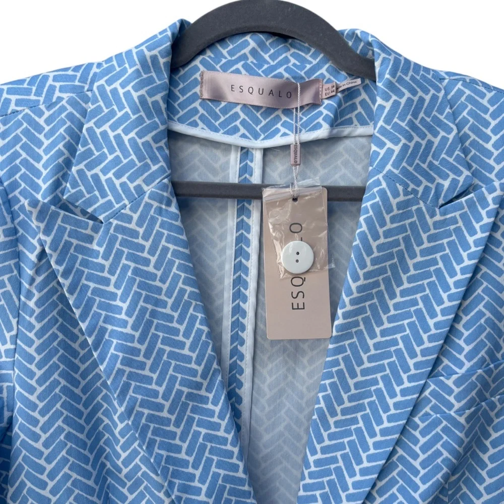 Esqualo Women’s 14 Stretch Block Print Light Blue & White Lightweight Blazer NWT